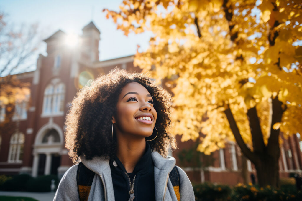 Portrait of a smiling young black female student on colledge campus in the fall