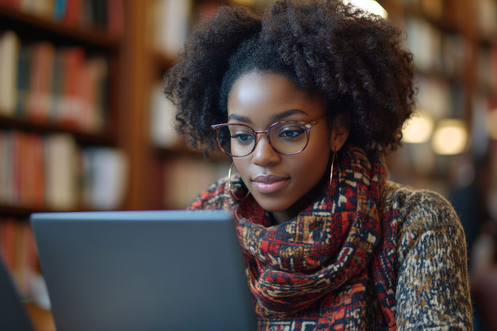 African American student using laptop at a university library